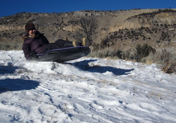 Catching air on the sled hill.