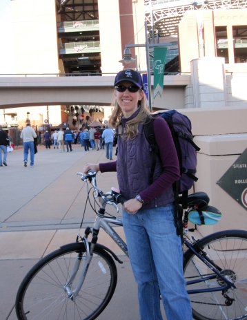 My first bike ride at six months post-op: a short jaunt to see a Rockies game. It did hurt my healing butt a bit, but was tolerable.
